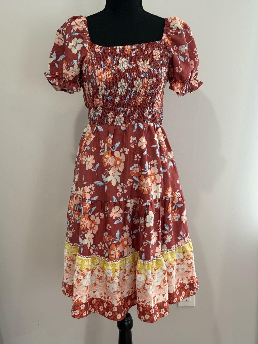 New Kirundo S Floral Smocked Puff-Sleeve Midi Dress - Rust 227